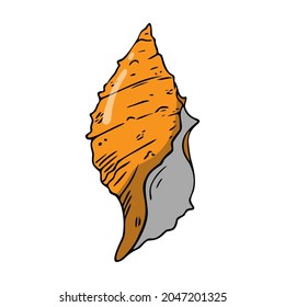 Una concha de mar plana, símbolo del mar dibujado a mano. Coma fósil pintada con tinta, pluma. Línea, doodle de colores, minimalismo. Icono simple. Aislado. Ilustración vectorial.