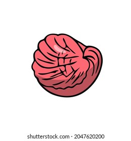 Flat seashell, hand-drawn sea symbol. Fossil conch painted by ink, pen. Line, colored doodle, minimalism. Simple sketchy icon. Isolated. Vector illustration.