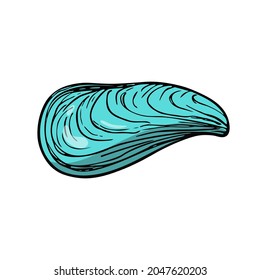 Flat seashell, hand-drawn sea symbol. Fossil conch painted by ink, pen. Line, colored doodle, minimalism. Simple sketchy icon. Isolated. Vector illustration.