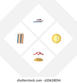 Flat Season Set Of Boat, Parasol, Sunshine And Other Vector Objects. Also Includes Parasol, Sun, Sunshine Elements.