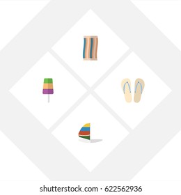 Flat Season Set Of Surfing, Wiper, Beach Sandals Vector Objects. Also Includes Sailboard, Sea, Wiper Elements.