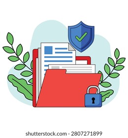 Flat secure document folder illustration featuring shield, lock, files, and paperwork, data protection concept, isolated vector graphic for privacy, security, office management, and documentation.