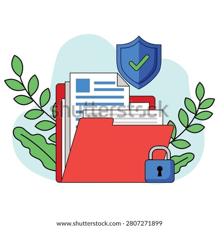 Flat secure document folder illustration featuring shield, lock, files, and paperwork, data protection concept, isolated vector graphic for privacy, security, office management, and documentation.