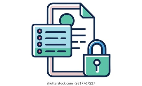 Flat secure document protection icon featuring a file sheet, data list, and a padlock.