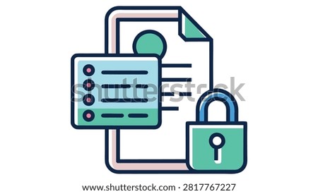 Flat secure document protection icon featuring a file sheet, data list, and a padlock.