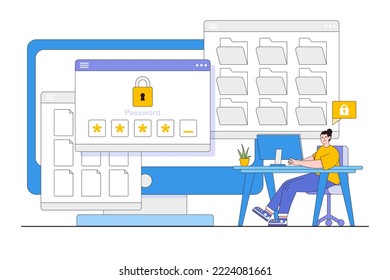 Flat secure login concept with people characters. Outline design style minimal vector illustration for landing page, web banner, infographics, hero images