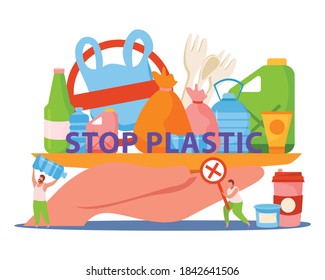 Flat self care concept  composition with stop plastic headline and plastic bags around vector illustration