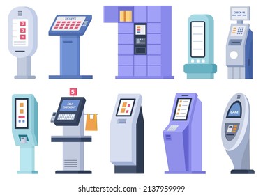 Flat self order terminals and kiosks with touchscreen display. Digital interactive service board for tickets, atm and checkout vector set. Machines for payment, check in and out, parcel lockers