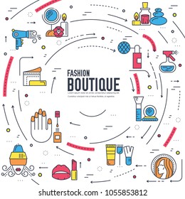 Flat seller standing in boutique with different stylish fashionable clothes.  Fashionable clothes in boutique vector illustrator vector concept