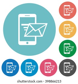 Flat sending email icon set on round color background.
