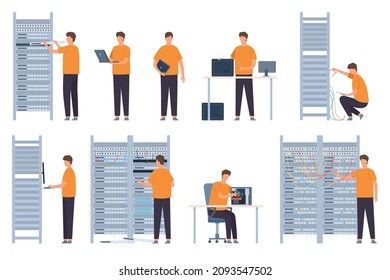 Flat server and computer repairman, technicians and system administrators. Data servers network maintenance and support workers vector set. Illustration of technician repairman