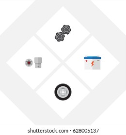 Flat Service Set Of Accumulator, Turnscrew, Tire And Other Vector Objects. Also Includes Turnscrew, Screwdriver, Star Elements.