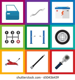 Flat Service Set Of Automobile Part, Lifting, Tire And Other Vector Objects. Also Includes Lifting, Pipeline, Door Elements.