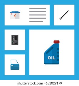Flat Service Set Of Automobile Part, Accumulator, Automatic Transmission And Other Vector Objects. Also Includes Petrol, Automatic, Transmission Elements.