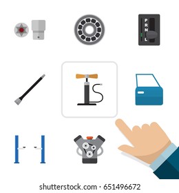 Flat Service Set Of Automobile Part, Automatic Transmission, Turnscrew And Other Vector Objects. Also Includes Car, Coupler, Star Elements.