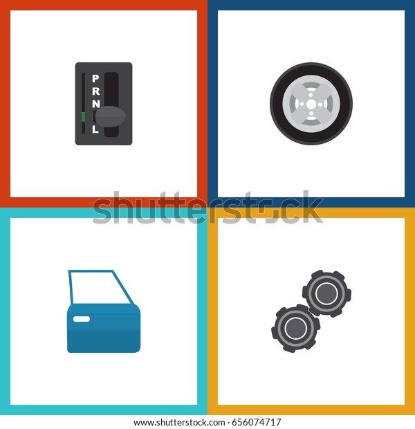 Flat Service Set Of Automobile Part, Automatic\
Transmission, Tire And Other Vector Objects. Also Includes Wheel,\
Belt, Automatic Elements.