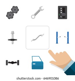 Flat Service Set Of Belt, Auto Jack, Suspension And Other Vector Objects. Also Includes Spanner, Pulley, Coupler Elements.