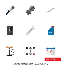 Flat Service Set Of Carrying, Accumulator, Wheel Pump And Other Vector Objects. Also Includes Automatic, Pumping, Battery Elements.