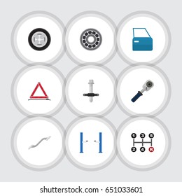 Flat Service Set Of Carrying, Muffler, Warning And Other Vector Objects. Also Includes Disk, Block, Coupler Elements.