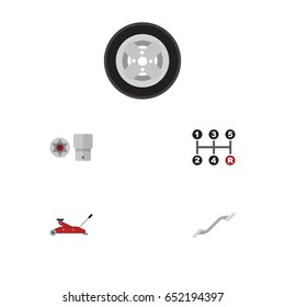 Flat Service Set Of Coupler, Tire, Turnscrew And Other Vector Objects. Also Includes Carrying, Turnscrew, Tire Elements.