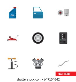 Flat Service Set Of Motor, Lifting, Tire And Other Vector Objects. Also Includes Jack, Engine, Pumping Elements.