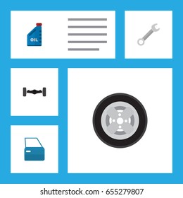 Flat Service Set Of Petrol, Suspension, Tire And Other Vector Objects. Also Includes Key, Tire, Axis Elements.