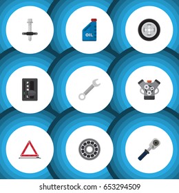 Flat Service Set Of Ratchet, Automatic Transmission, Warning And Other Vector Objects. Also Includes Motor, Emergency, Wheel Elements.
