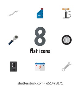 Flat Service Set Of Ratchet, Petrol, Wheel Pump And Other Vector Objects. Also Includes Tire, Pumping, Car Elements.