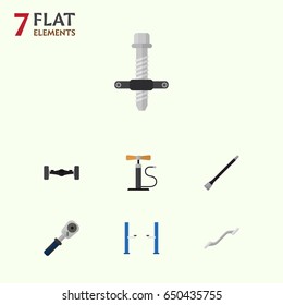 Flat Service Set Of Ratchet, Pipeline, Wheel Pump And Other Vector Objects. Also Includes Automobile, Axis, Lifting Elements.