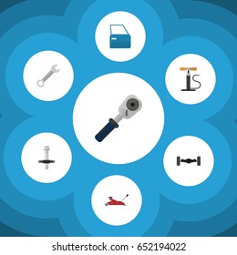 Flat Service Set Of Spanner, Suspension, Ratchet And Other Vector Objects. Also Includes Wrench, Wheel, Puller Elements.