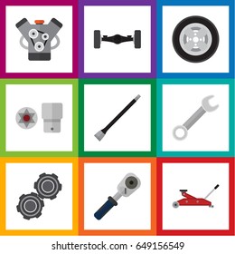 Flat Service Set Of Spanner, Turnscrew, Belt And Other Vector Objects. Also Includes Joint, Axis, Spanner Elements.
