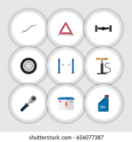 Flat Service Set Of Tire, Petrol, Accumulator And Other Vector Objects. Also Includes Suspension, Coupler, Joint Elements.