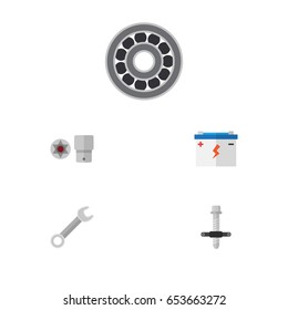 Flat Service Set Of Turnscrew, Spanner, Accumulator And Other Vector Objects. Also Includes Wrench, Block, Battery Elements.
