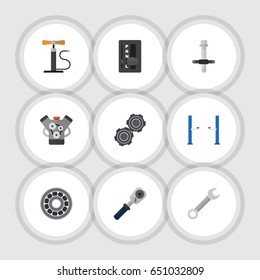 Flat Service Set Of Wheel Pump, Ratchet, Motor And Other Vector Objects. Also Includes Carrying, Key, Engine Elements.