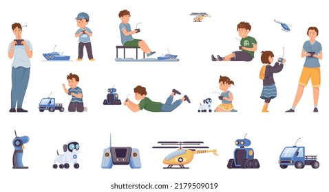 Flat set of adults and children playing with various controlled robotic toys isolated against white background vector illustration