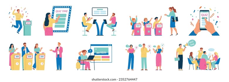 Flat set of adults and children playing quiz isolated vector illustration