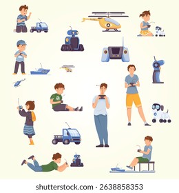 Flat set of adults and children playing with various controlled robotic toys isolated against white background vector illustration