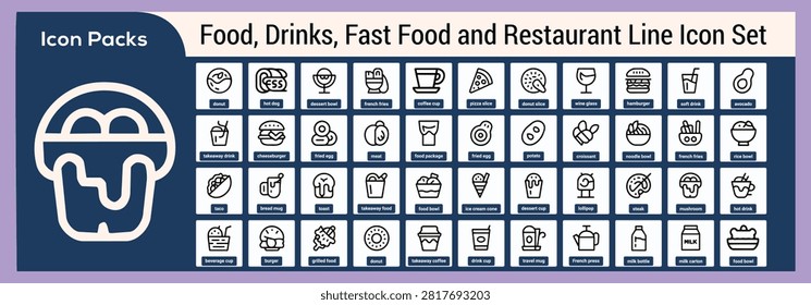 The a flat set arranged in a grid of 5 rows and 10 columns. Each various food and drink fast food, and restaurant-related symbols. The are monochromatic, using only black lines and fills on a white background