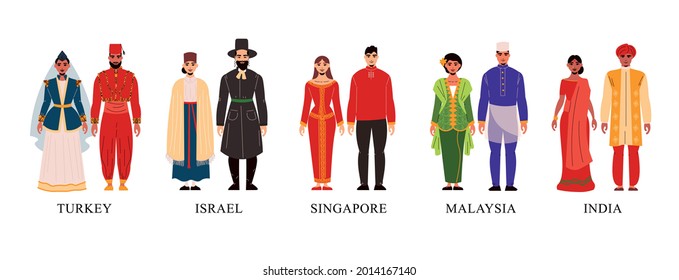 Flat set of asian men and women in their national clothes isolated vector illustration