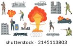 Flat set of atomic apocalypse icons with destroyed buidings soldiers and zombies isolated vector illustration