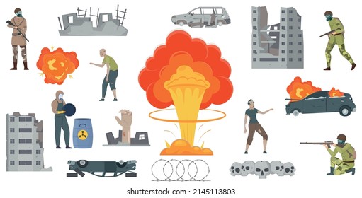 Flat set of atomic apocalypse icons with destroyed buidings soldiers and zombies isolated vector illustration