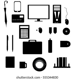 a flat set attribute business,technology ,computer,flash drive,briefcase ,credit card black on white in monochrome