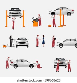 A flat set of auto repair icons, workers in the process of repairing cars and tires, replacing car parts, isolated vector illustration