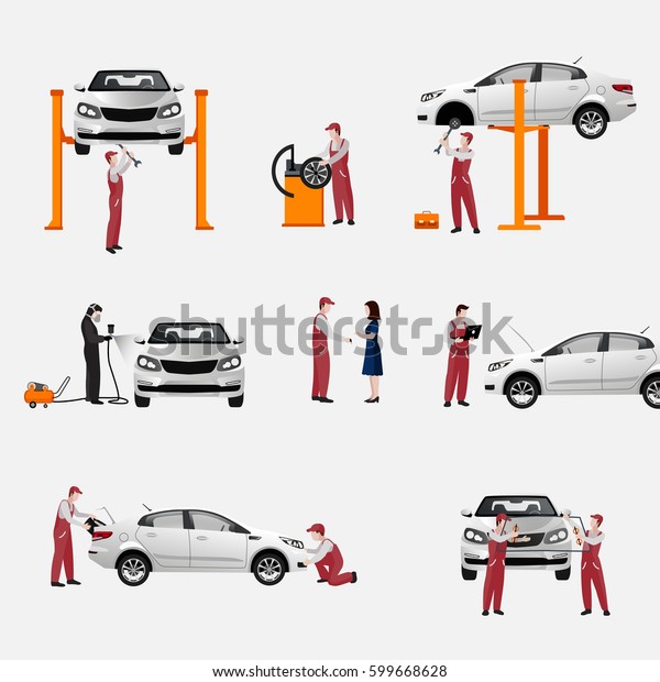 A flat set of auto repair icons, workers in
the process of repairing cars and tires, replacing car parts,
isolated vector illustration