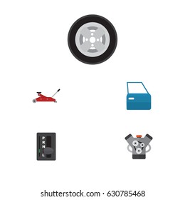 Flat Set Of Automobile Part, Lifting, Automatic Transmission And Other Vector Objects. Also Includes Engine, Motor, Wheel Elements.