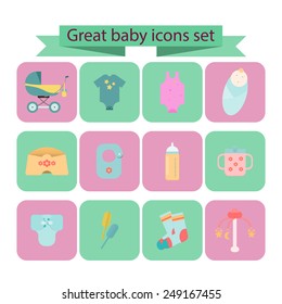 Flat set of baby icons. 