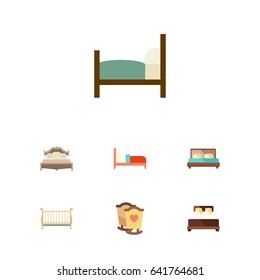 Flat  Set Of Bedroom, Bed, Hostel And Other Vector Objects. Also Includes Double, Cot, Bedroom Elements.