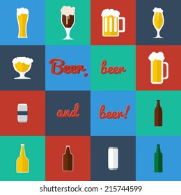 Flat set of beer glass and bottles icons. Dark and light beer.