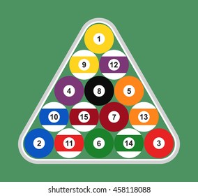Flat set of billiard balls arranged in a gray triangle. Vector illustration.