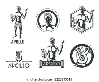 Conjunto plano de emblemas en blanco y negro con ilustración vectorial aislada del dios olímpico verde apollo